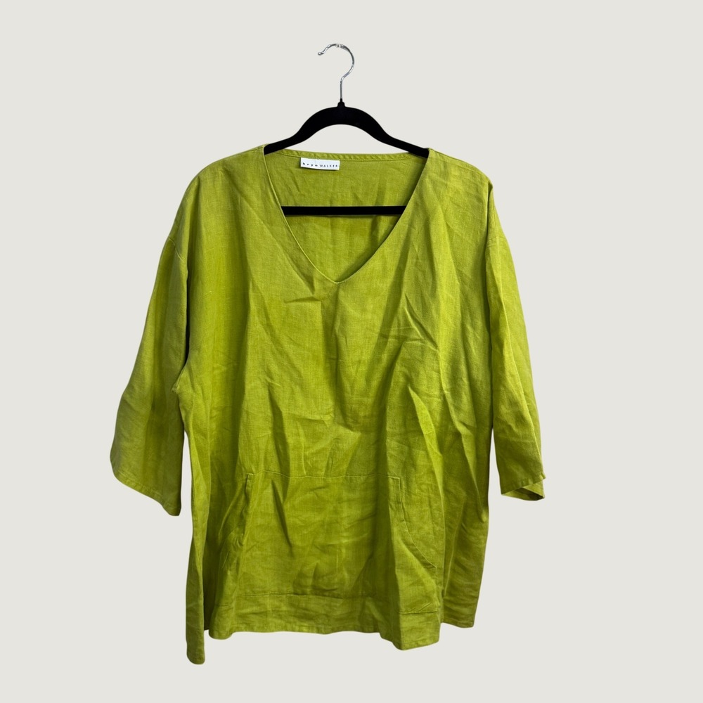 Bryn Walker Green 100% Boxy Linen V-Neck Tunic Top Oversized Lagenlook Coastal S